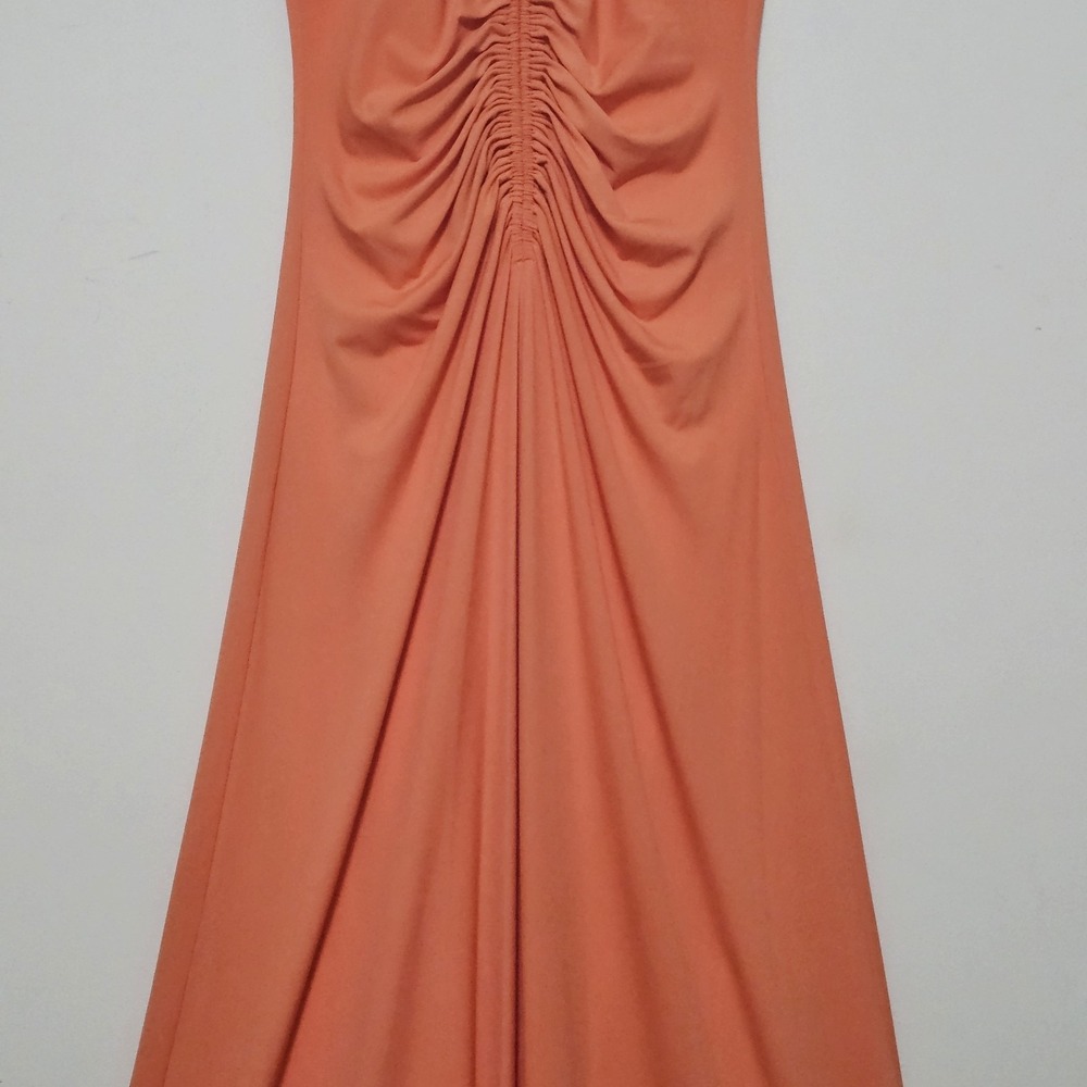 Badgley Mischka Dress Size 0 Fit X Orange Halter Ruched Sleeveless Long Maxi 350 - Picture 4 of 16